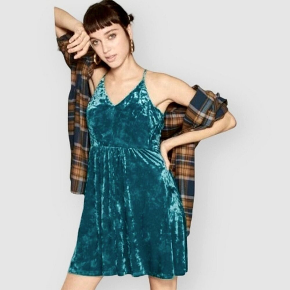 Wild Fable Teal Crushed Velvet Velour Strappy Mini Slip Dress M Y2K 90s Party